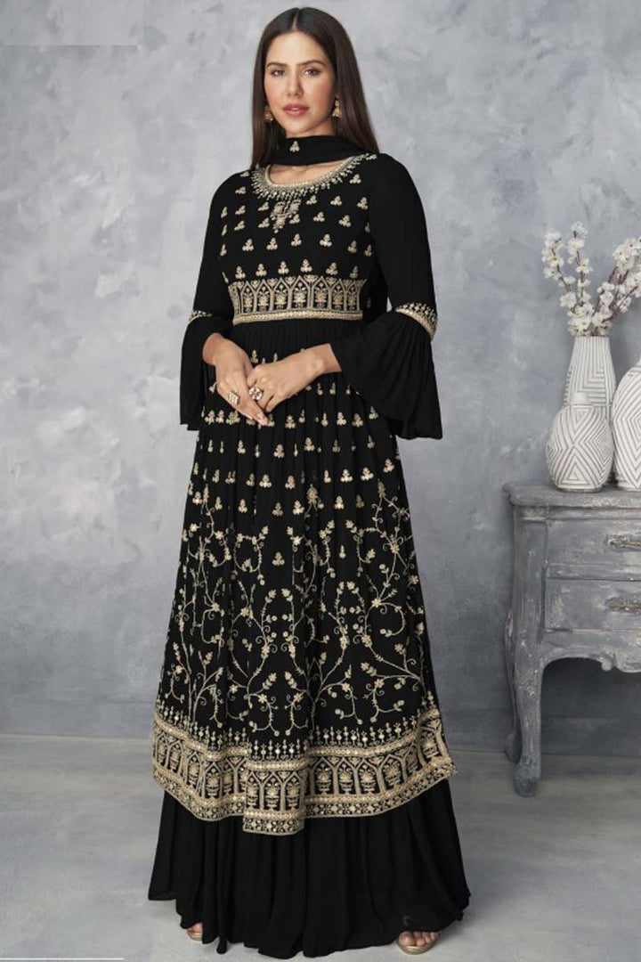 Georgette Fabric Black Color Function Wear Vivacious Palazzo Suit With Embroidered Work