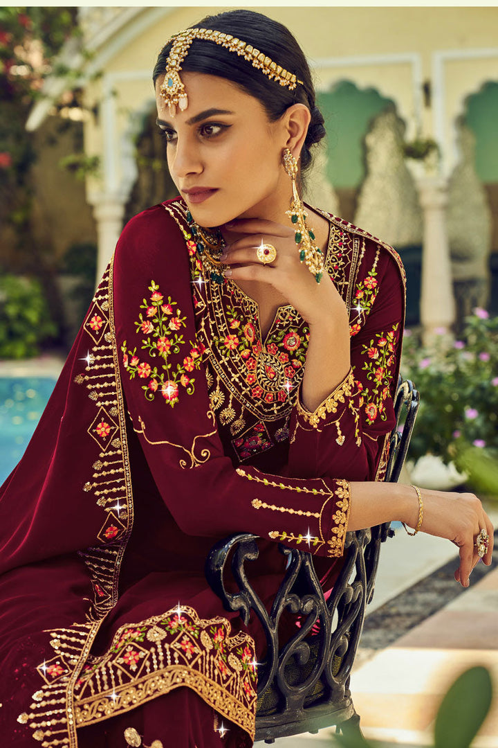 Georgette Fabric Festive Wear Maroon Color Embroidered Palazzo Suit