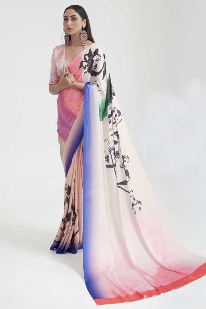 Alluring Satin Fabric Casual Wear Multi Color Saree With Digital Printed Work