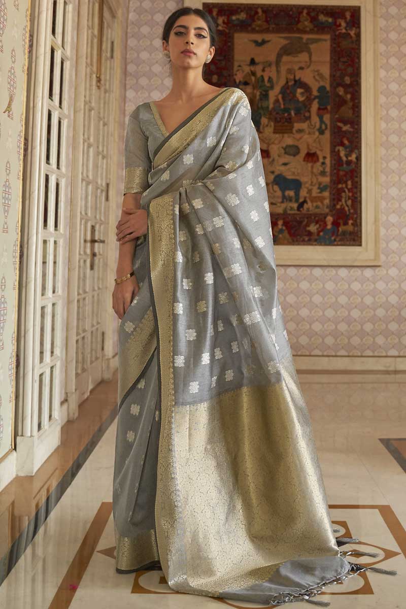 Sangeet Wear Weaving Work On Art Silk Fabric Gorgeous Saree In Grey Color