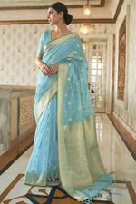 Load image into Gallery viewer, Light Cyan Color On Sangeet Wear Art Silk Fabric Soothing Saree In Weaving Work
