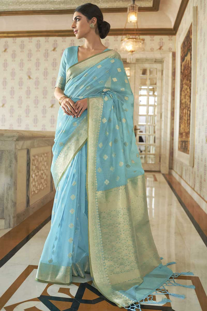 Light Cyan Color On Sangeet Wear Art Silk Fabric Soothing Saree In Weaving Work