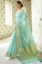 Load image into Gallery viewer, Sangeet Wear Sea Green Color Art Silk Fabric Adorning Saree With Weaving Work
