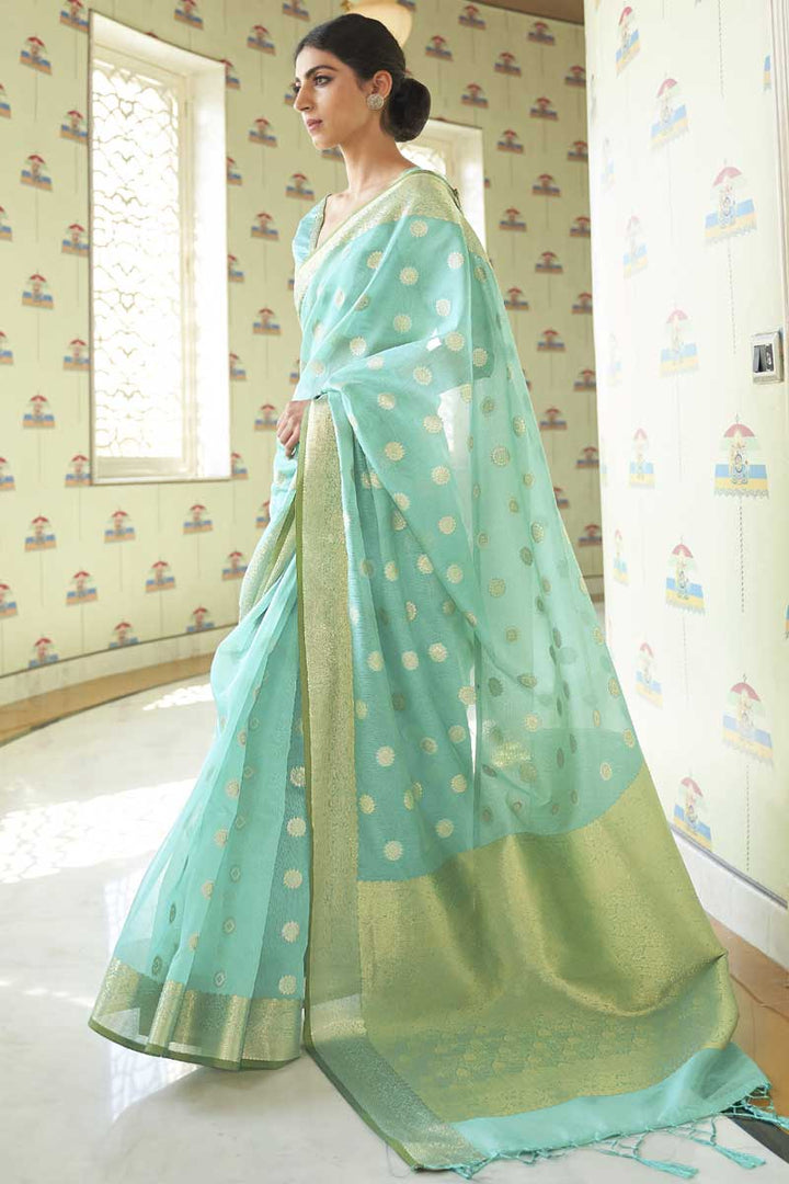 Sangeet Wear Sea Green Color Art Silk Fabric Adorning Saree With Weaving Work