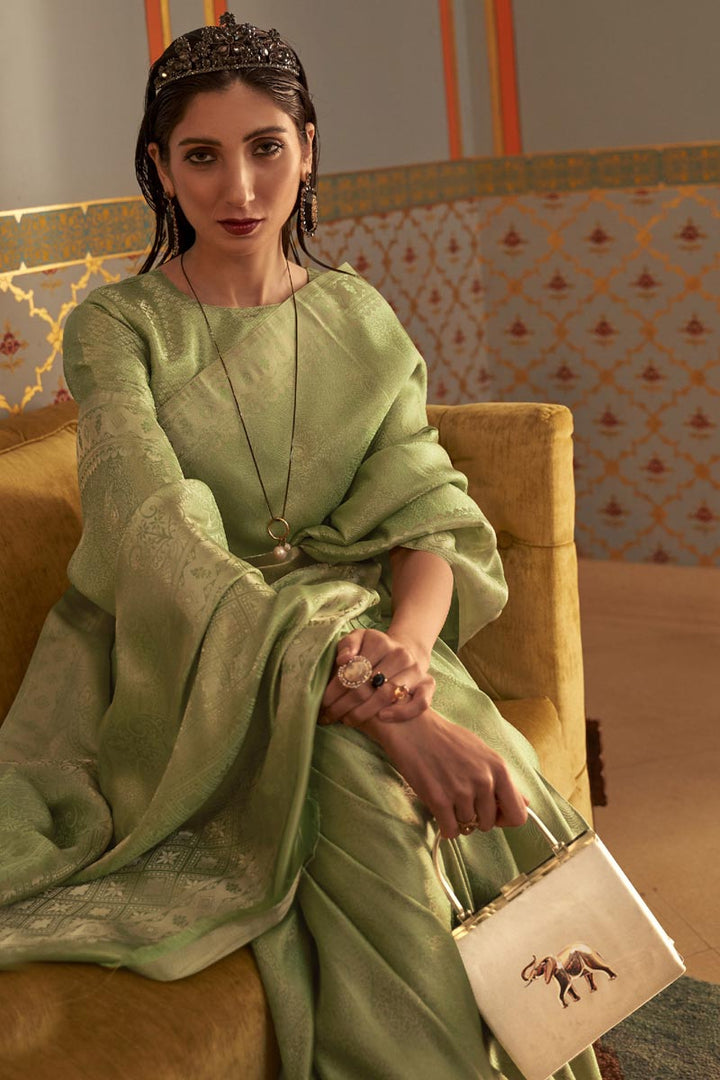 Sea Green Color Bewitching Art Silk Fabric Sangeet Wear Saree With Weaving Work