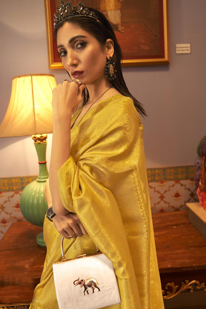 Weaving Work On Yellow Color Glittering Art Silk Fabric Sangeet Wear Saree