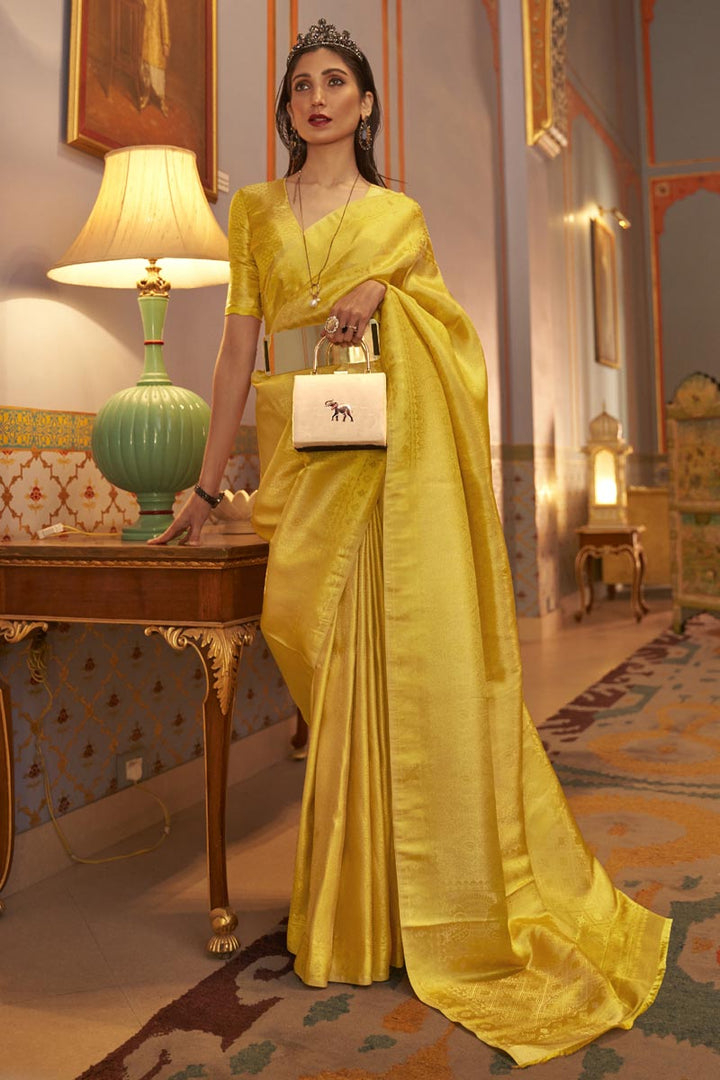 Weaving Work On Yellow Color Glittering Art Silk Fabric Sangeet Wear Saree