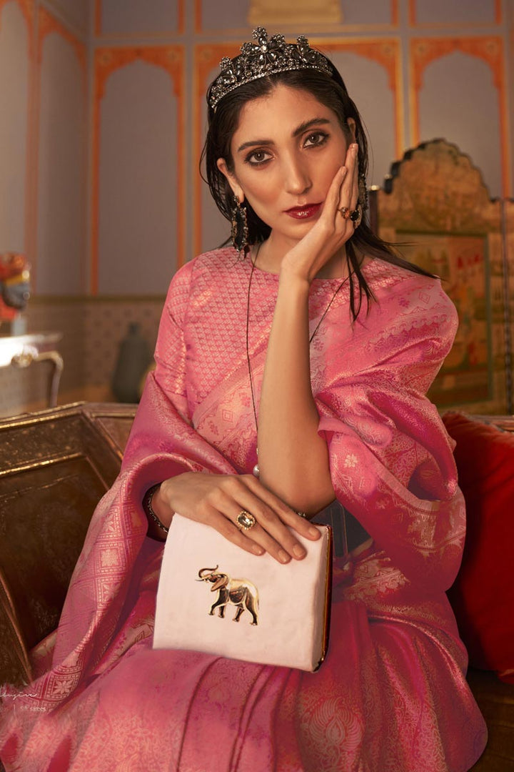Astonishing Art Silk Fabric Pink Color Sangeet Wear Saree With Weaving Designs