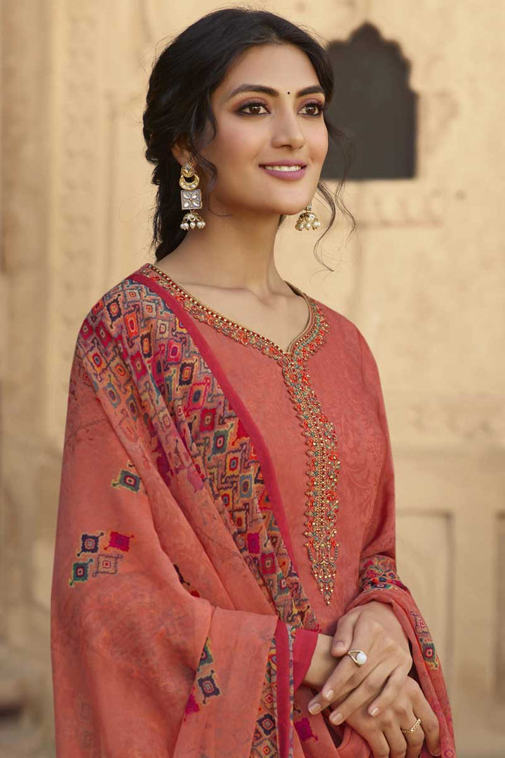 Crepe Fabric Printed Work Peach Color Casual Wear Sober Palazzo Suit