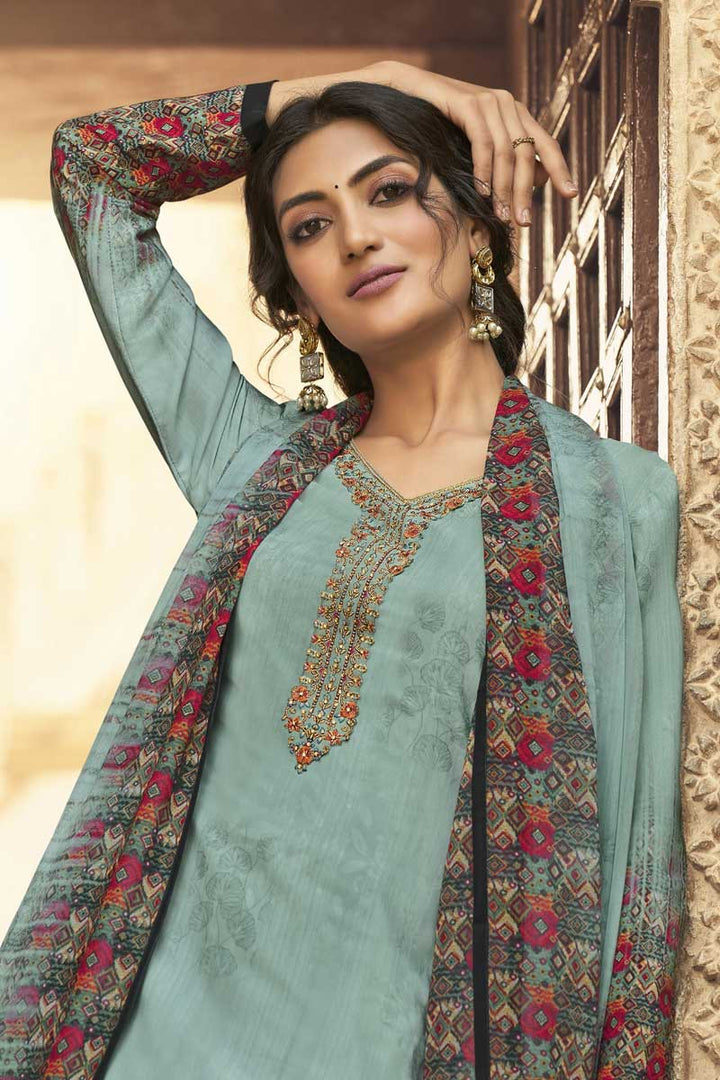 Light Cyan Color Crepe Fabric Daily Wear Bright Palazzo Suit With Printed Work