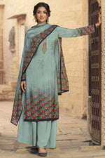 Load image into Gallery viewer, Light Cyan Color Crepe Fabric Daily Wear Bright Palazzo Suit With Printed Work
