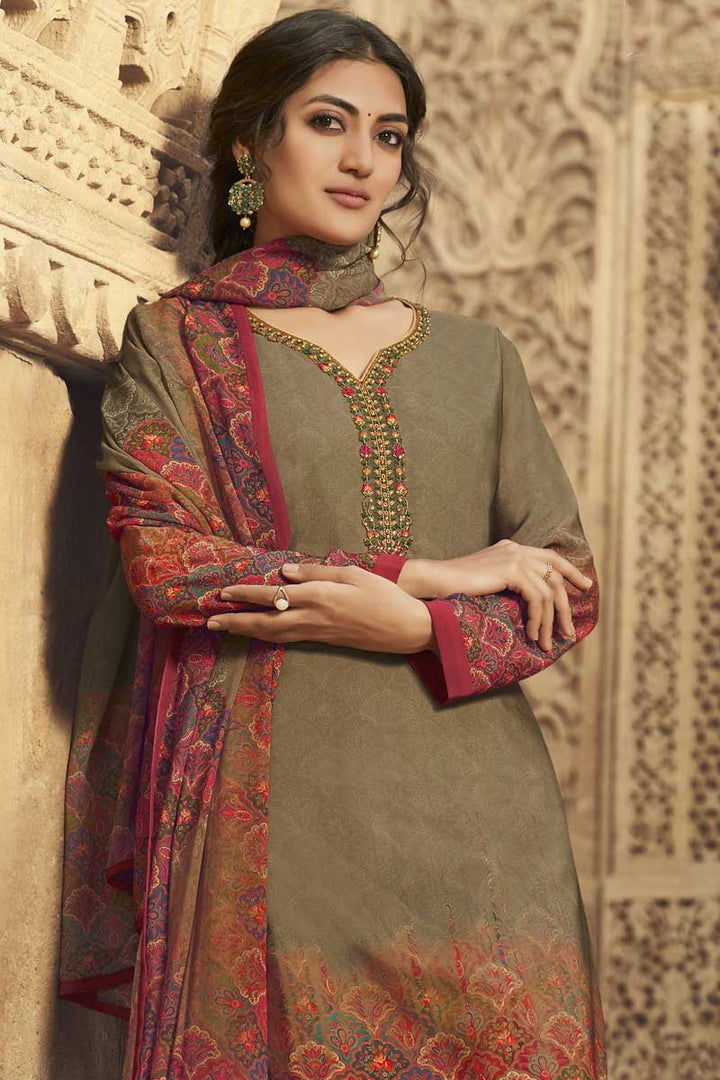 Dark Beige Color Printed Work Crepe Fabric Casual Wear Tempting Palazzo Suit