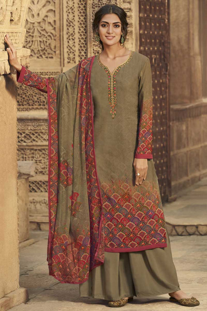 Dark Beige Color Printed Work Crepe Fabric Casual Wear Tempting Palazzo Suit