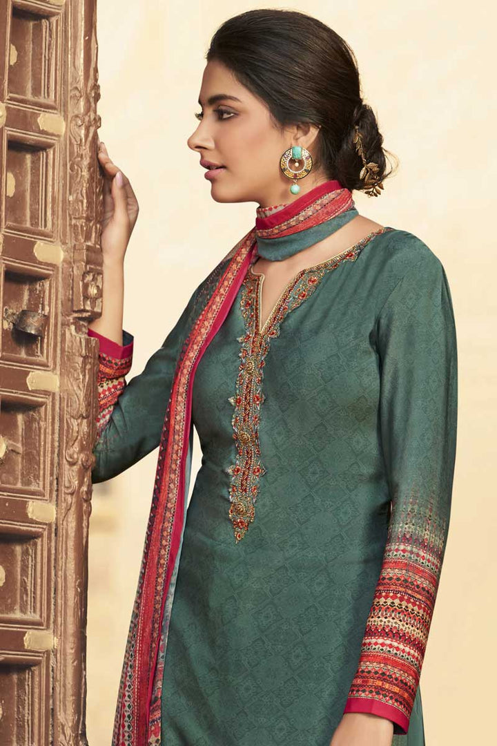 Crepe Fabric Classic Teal Color Daily Wear Palazzo Suit With Printed Work