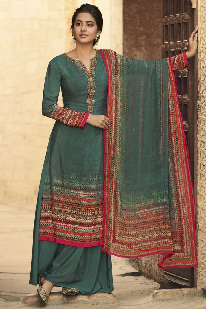 Crepe Fabric Classic Teal Color Daily Wear Palazzo Suit With Printed Work