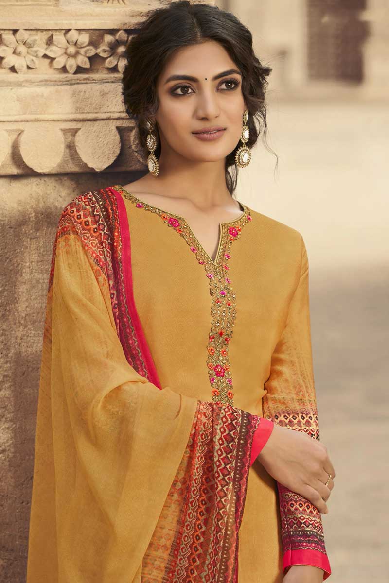 Mustard Color Crepe Fabric Casual Wear Printed Work Wonderful Palazzo Suit