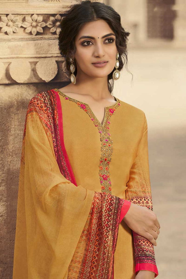 Mustard Color Crepe Fabric Casual Wear Printed Work Wonderful Palazzo Suit