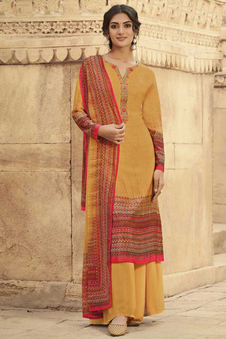 Mustard Color Crepe Fabric Casual Wear Printed Work Wonderful Palazzo Suit