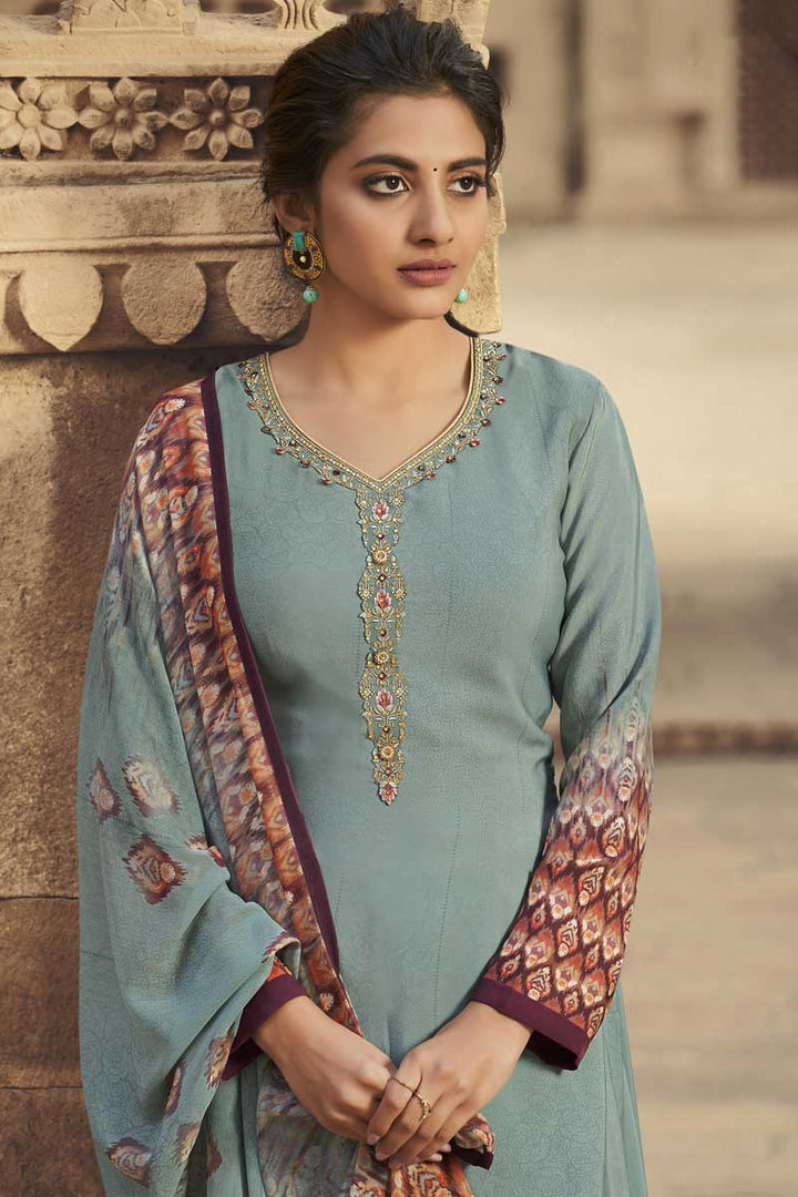 Fantastic Daily Wear Printed Work Light Cyan Color Palazzo Suit In Crepe Fabric