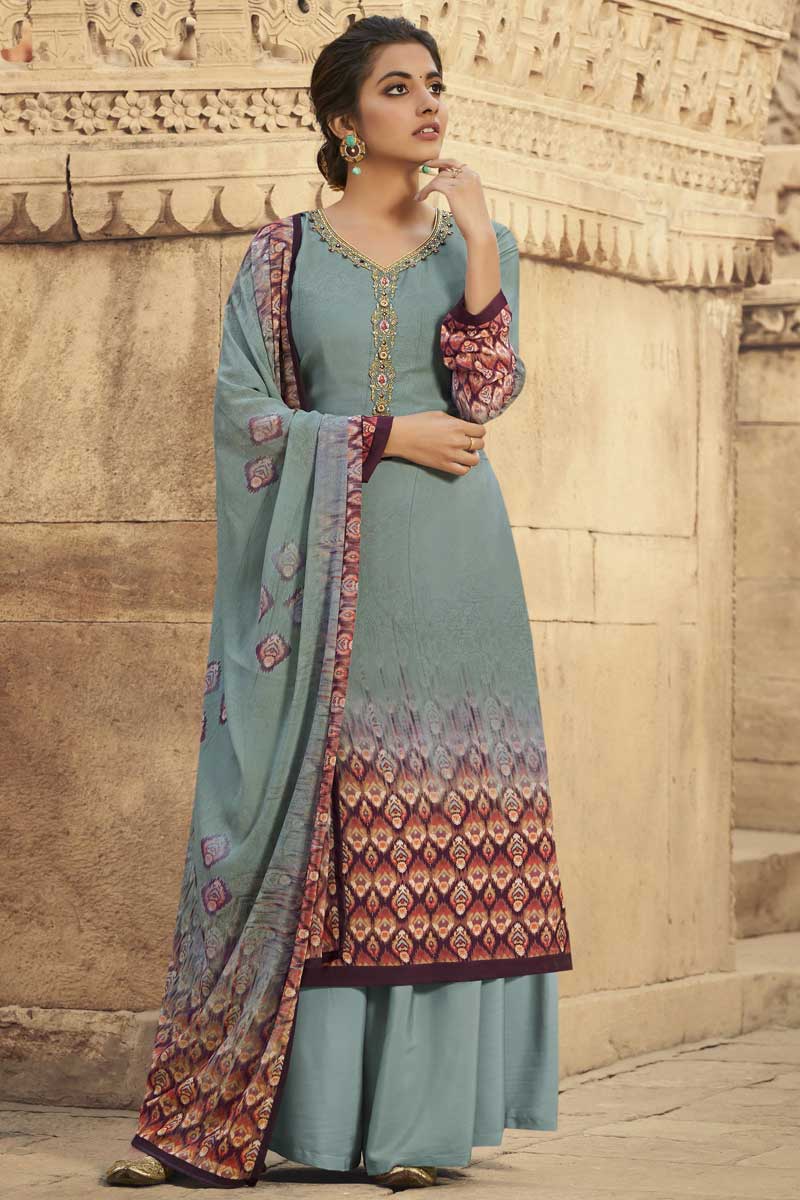 Fantastic Daily Wear Printed Work Light Cyan Color Palazzo Suit In Crepe Fabric