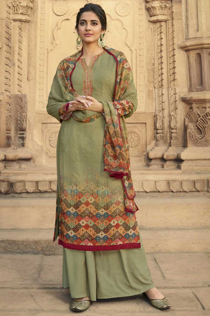 Sea Green Color Graceful Crepe Fabric Casual Wear Palazzo Suit With Printed Work