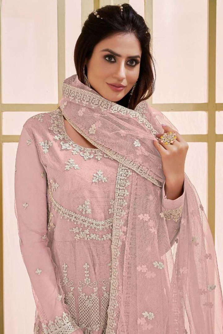 Pink Color Embroidered Work On Net Fabric Function Wear Graceful Anarkali suit
