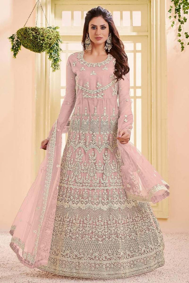Pink Color Embroidered Work On Net Fabric Function Wear Graceful Anarkali suit