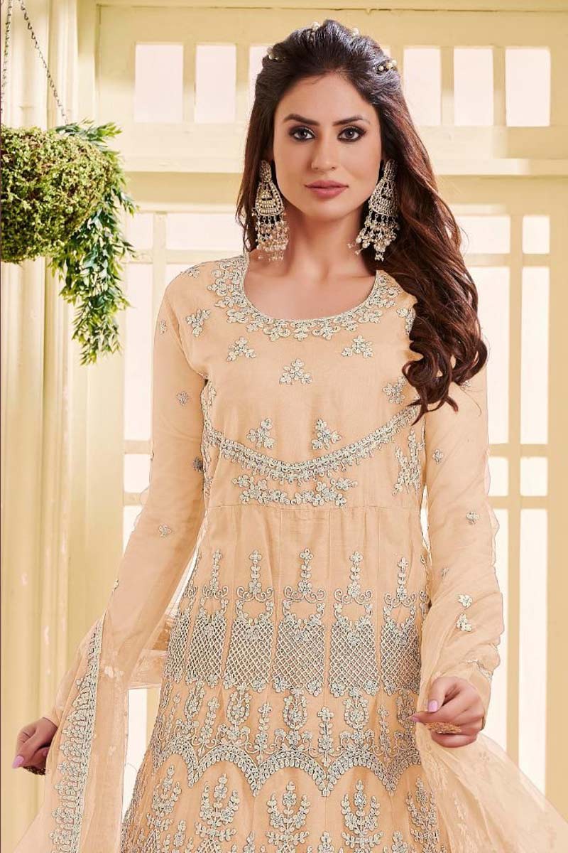 Luminous Net Fabric Yellow Color Function Wear Embroidered Work Anarkali suit