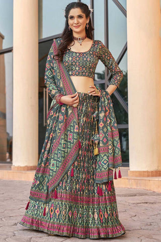 Satin Georgette Fabric Sangeet Wear Trendy Textured Digital Printed Lehenga In Dark Green Color