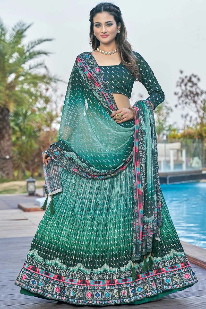 Sangeet Wear Satin Georgette Fabric Sea Green Color Digital Printed Work Enchanting Lehenga