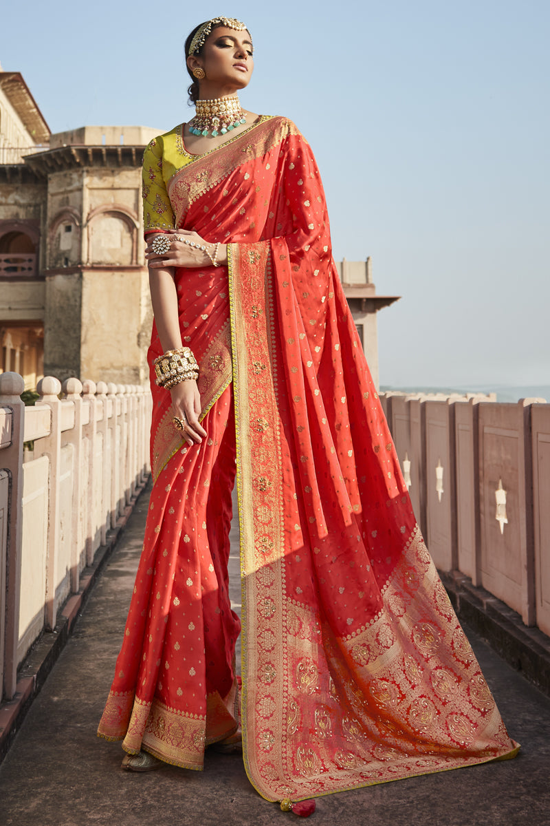 Red Color Graceful Satin Fabric Sangeet Wear Saree With Weaving Work