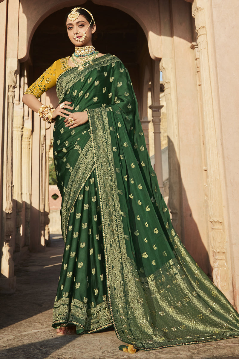 Enticing Dark Green Color Satin Fabric Sangeet Wear Saree With Weaving Work