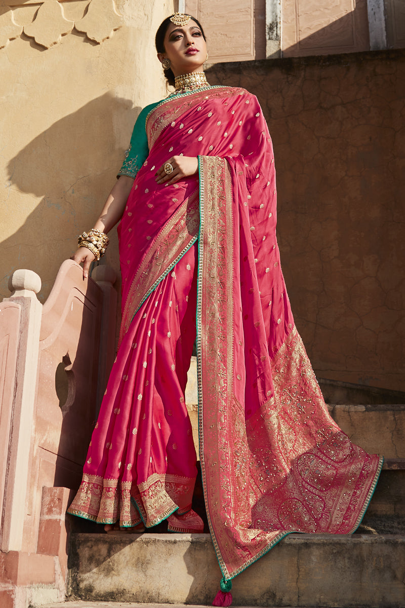 Pink Color Satin Fabric Sangeet Wear Charismatic Saree With Weaving Work