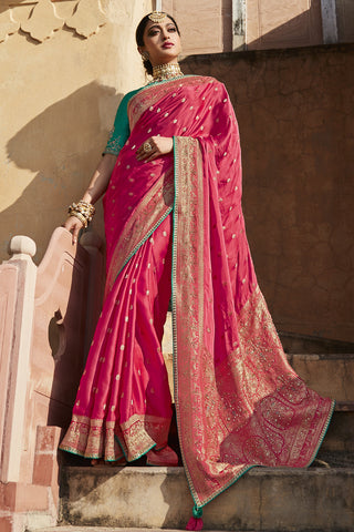 Pink Color Satin Fabric Sangeet Wear Charismatic Saree With Weaving Work