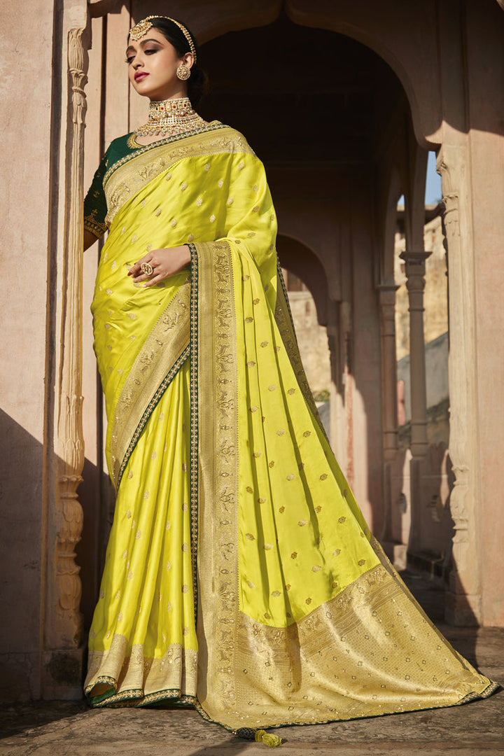 Yellow Color Weaving Work Satin Fabric Sangeet Wear Saree