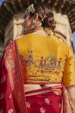 Red Color Sangeet Wear Weaving Work Saree In Satin Fabric