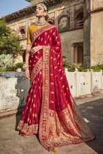 Load image into Gallery viewer, Red Color Sangeet Wear Weaving Work Saree In Satin Fabric
