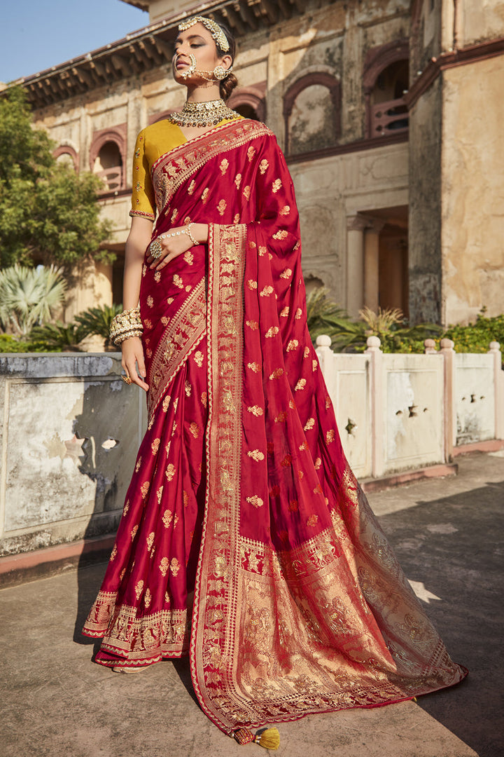 Red Color Sangeet Wear Weaving Work Saree In Satin Fabric