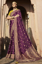 Load image into Gallery viewer, Purple Color Satin Fabric Beautiful Sangeet Wear Saree With Weaving Work
