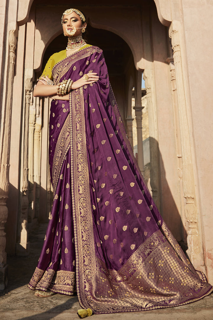 Purple Color Satin Fabric Beautiful Sangeet Wear Saree With Weaving Work