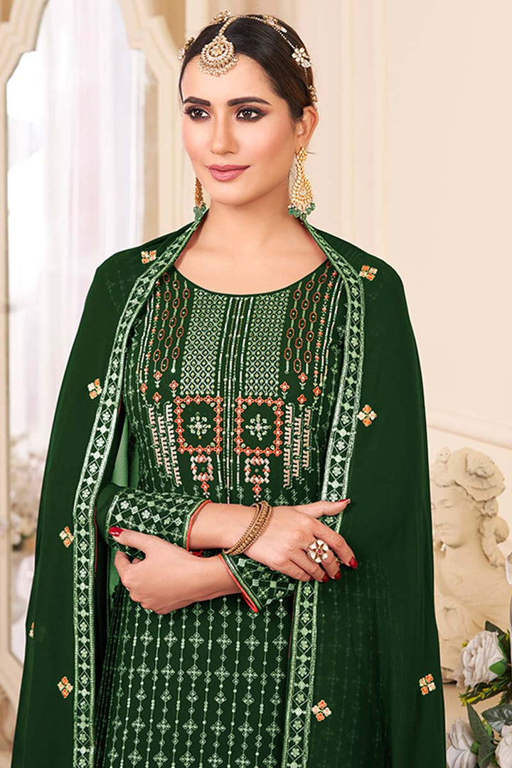 Festival Wear Imposing Embroidered Work Net Fabric Palazzo Suit In Green Color