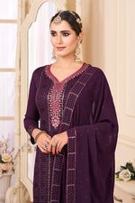 Load image into Gallery viewer, Embroidered Work Festival Wear Wine Color Divine Palazzo Suit In Net Fabric
