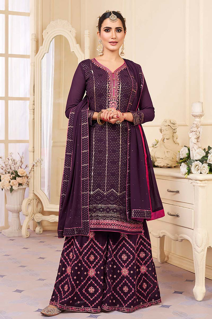 Embroidered Work Festival Wear Wine Color Divine Palazzo Suit In Net Fabric