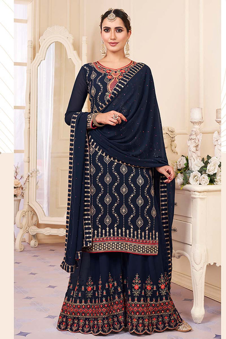 Beatific Navy Blue Color Festival Wear Palazzo Suit With Embroidered Work