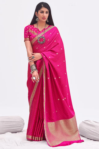 Satin Silk Fabric Rani Color Function Wear Saree With Graceful Weaving Work