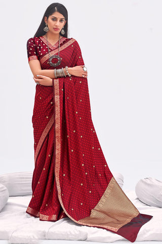 Beautiful Weaving Work Function Wear Maroon Color Saree In Satin Silk Fabric