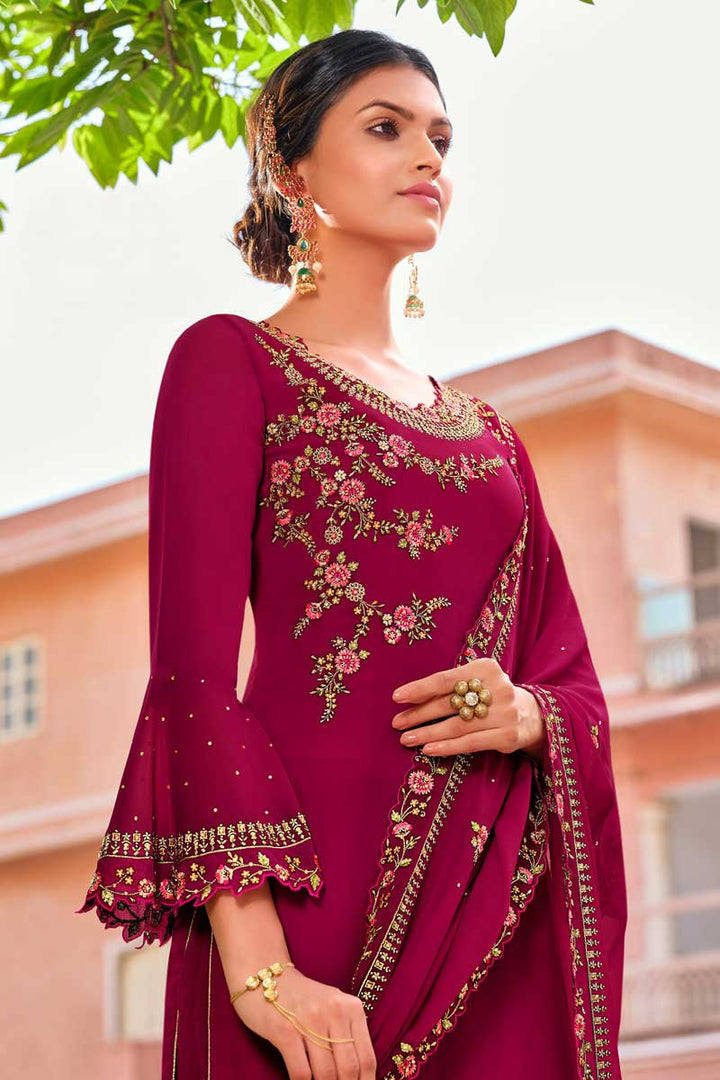 Classic Georgette Fabric Burgundy Color Party Wear Salwar Suit With Embroidered Work
