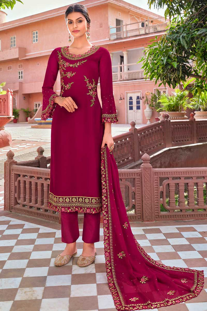 Classic Georgette Fabric Burgundy Color Party Wear Salwar Suit With Embroidered Work