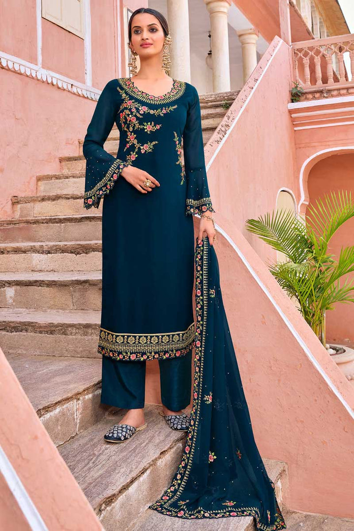 Tempting Teal Color Georgette Fabric Party Wear Salwar Suit With Embroidered Work