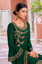 Load image into Gallery viewer, Traditional Dark Green Color Georgette Fabric Party Wear Heavy Embroidered Work Salwar Suit
